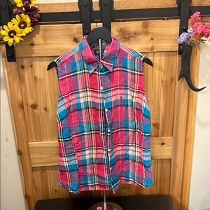 Ralph Lauren Multicolor Plaid Linen Sleeveless Button Down